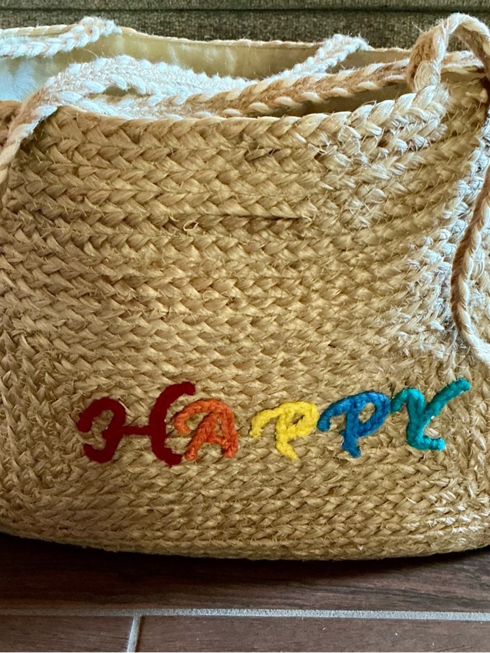 Nordstrom Natural Straw Tote with Rainbow 'Happy' Embroidery